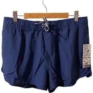 Hapari navy blue beach short. Size L. Elastic tie waist. Mesh pockets.